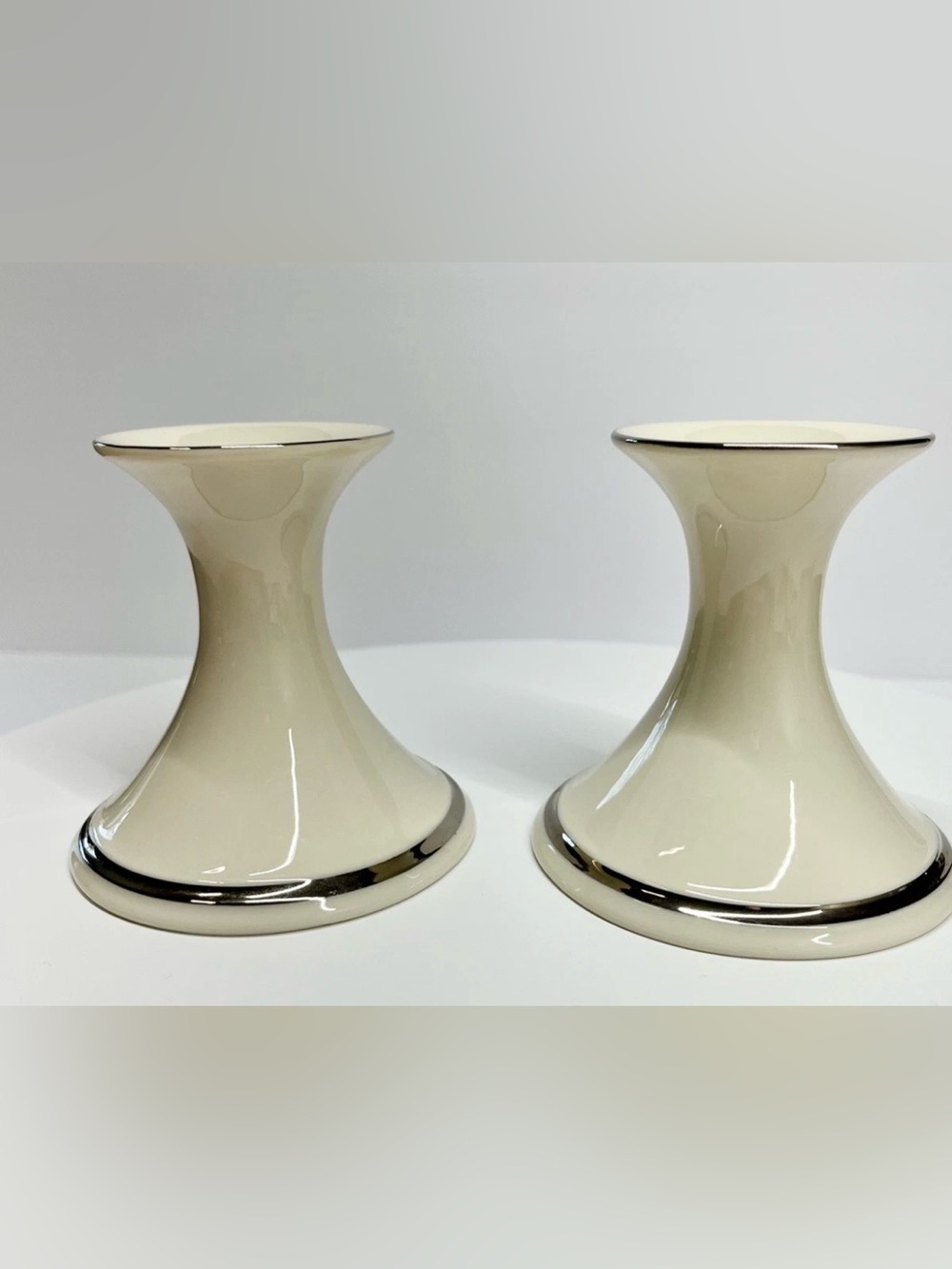 Lenox  4” Pair Candlestick Pair Solitaire Shimmering Platinum silver trim